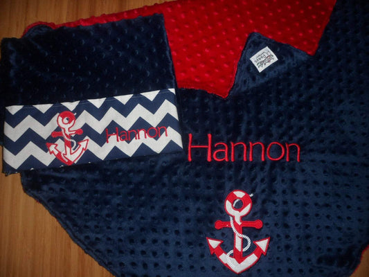 Nautical Anchor Nap Set - Personalized Minky Baby Blanket & Standard OR Toddler size Pillowcase with Embroidered Anchor