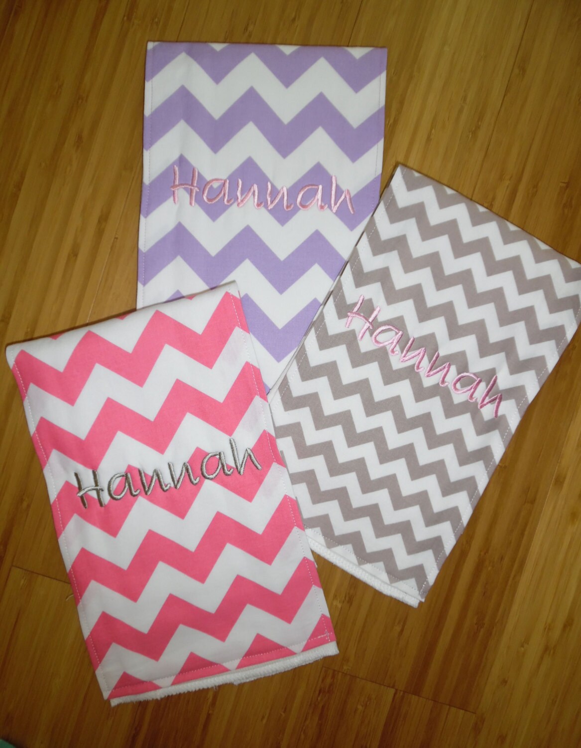 Set of 3 Personalized Burp Cloths - Pink, Lavender & Grey Chevron - Riley Blake