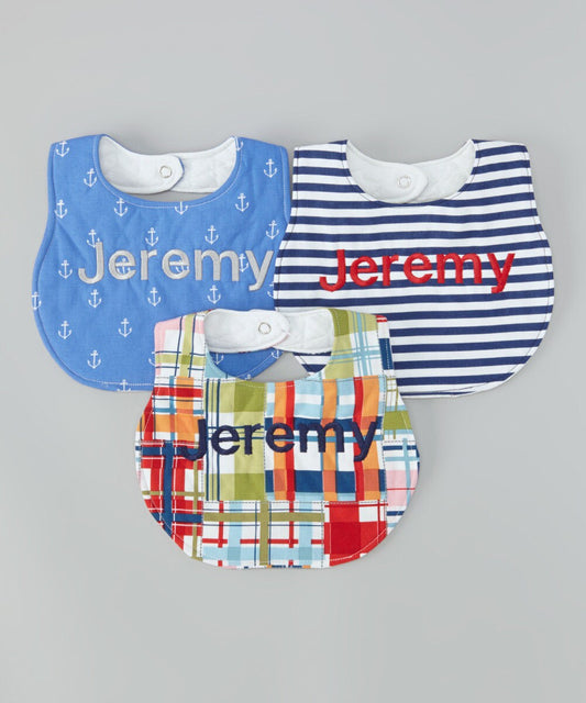 Set of 3 Personalized Bibs - Nautical Prints - Stripes, Madras, Anchors