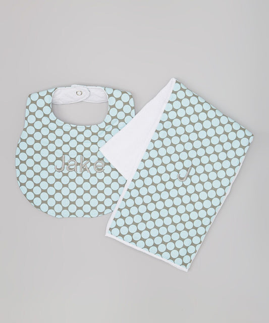 Personalized Boutique Bib and Burp Cloth - Grey and Blue Polka Dot