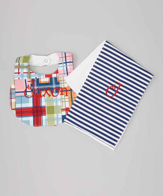 Personalized Madras Plaid Boutique Bib and Navy Striped Burp Cloth set - Personalized