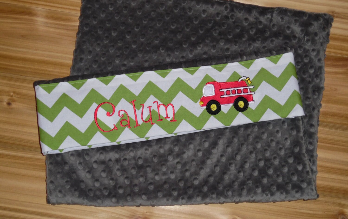 Pillowcase -Personalized Minky Pillowcase with Minky Firetruck - Green and Grey