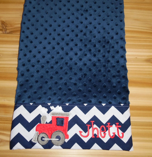 Pillowcase -Custom Monogrammed Minky Pillowcase with Minky Train- Navy