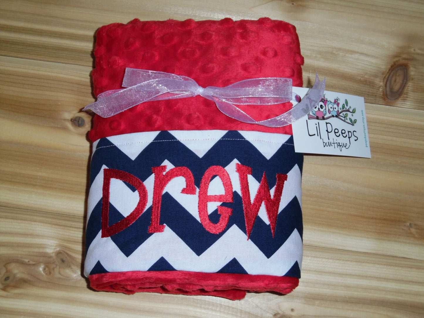 Pillowcase -Personalized Minky Pillowcase  -Red Minky & Navy Chevron