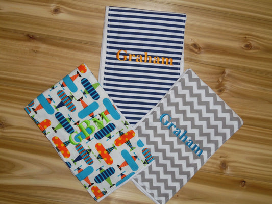 Personalized Burp Cloth Set of 3 - Navy Stripes or Polka Dots, Grey Chevron and Airplanes