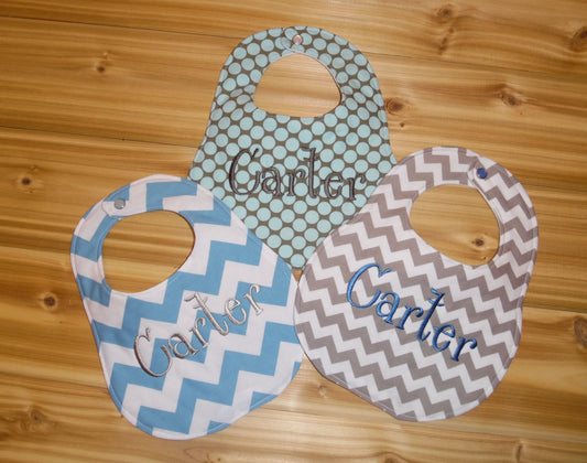 Set of 3 Personalized Bibs - Grey and Blue - Chevron and Polka Dots