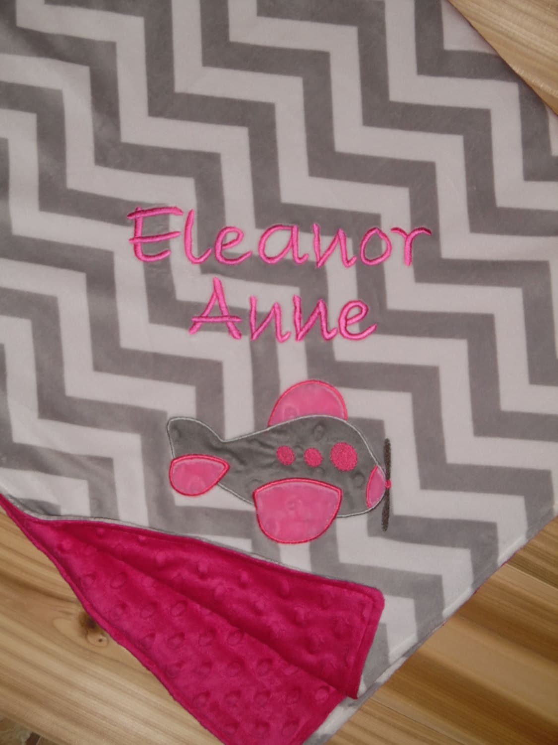 Airplane - Personalized Minky Blanket - Grey Chevron / Pink Minky - Embroidered Airplane
