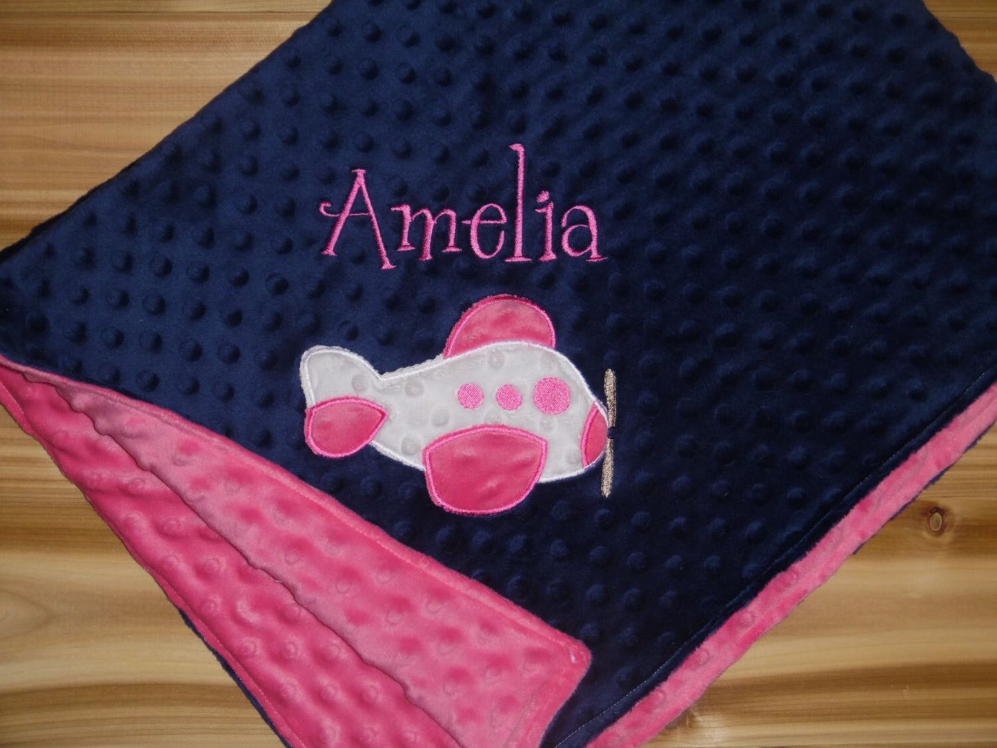 Airplane - Personalized Minky Blanket - Hot Pink / Navy  Minky - Embroidered Airplane