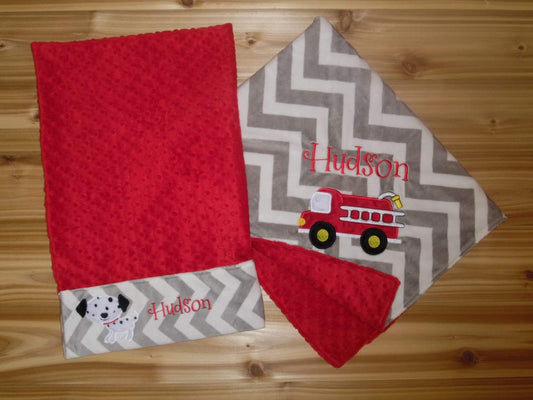 Firetruck Nap Set - Personalized Minky Blanket and Pillowcase with embroidered Firetruck - Travel or Standard Size