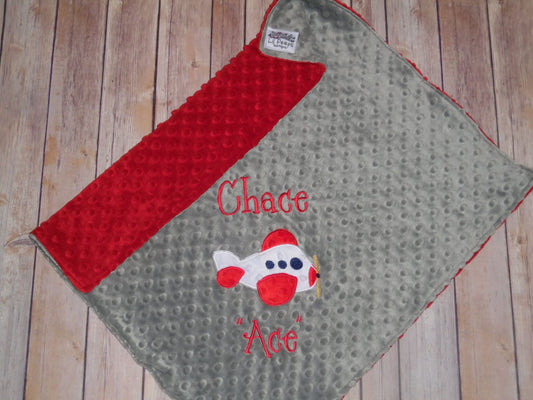 Airplane - Personalized Baby Blanket -  Gray / Red Minky - Embroidered Airplane