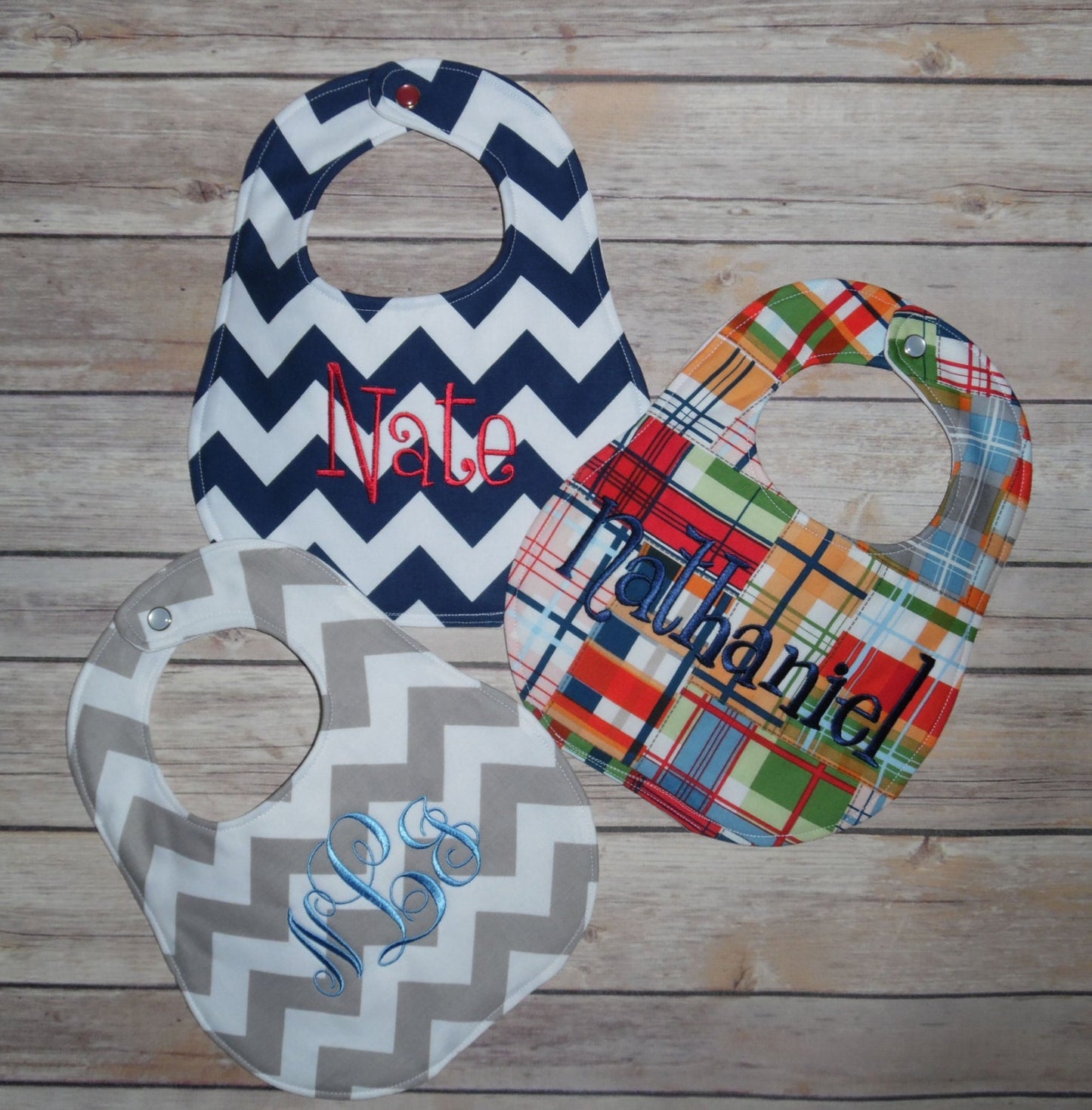 Set of 3 Personalized Bibs - Navy & Grey Chevron and Madras