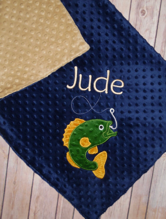 Bass Fishing -Personalized  Blanket- Navy Minky/ Tan Minky - Embroidered Bass Fish