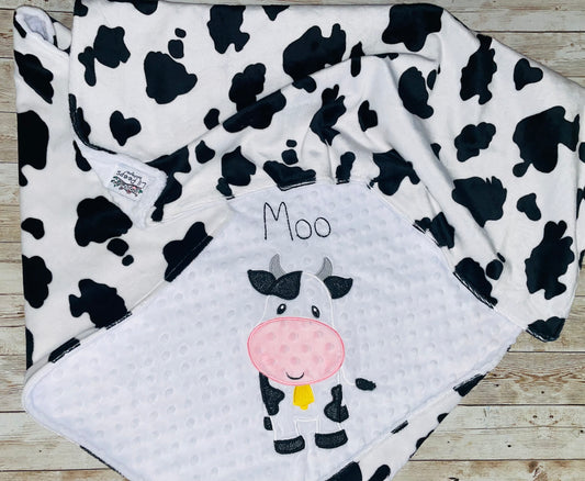 Cow- Personalized Minky Baby Blanket - White / Cow Minky - Embroidered Cow