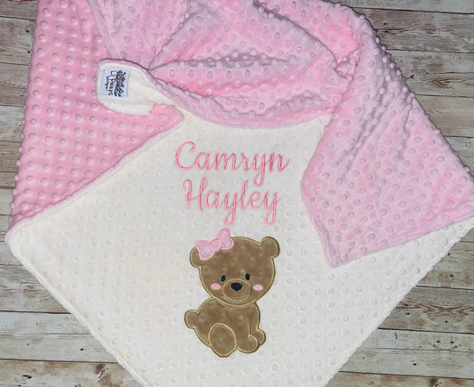 Bear -Personalized - Ivory / Pink  Minky - Embroidered Girl Bear