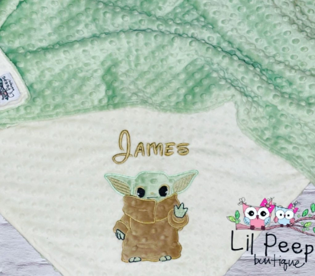 Baby Yoda- Personalized Minky Blanket - Cream and Green Minky