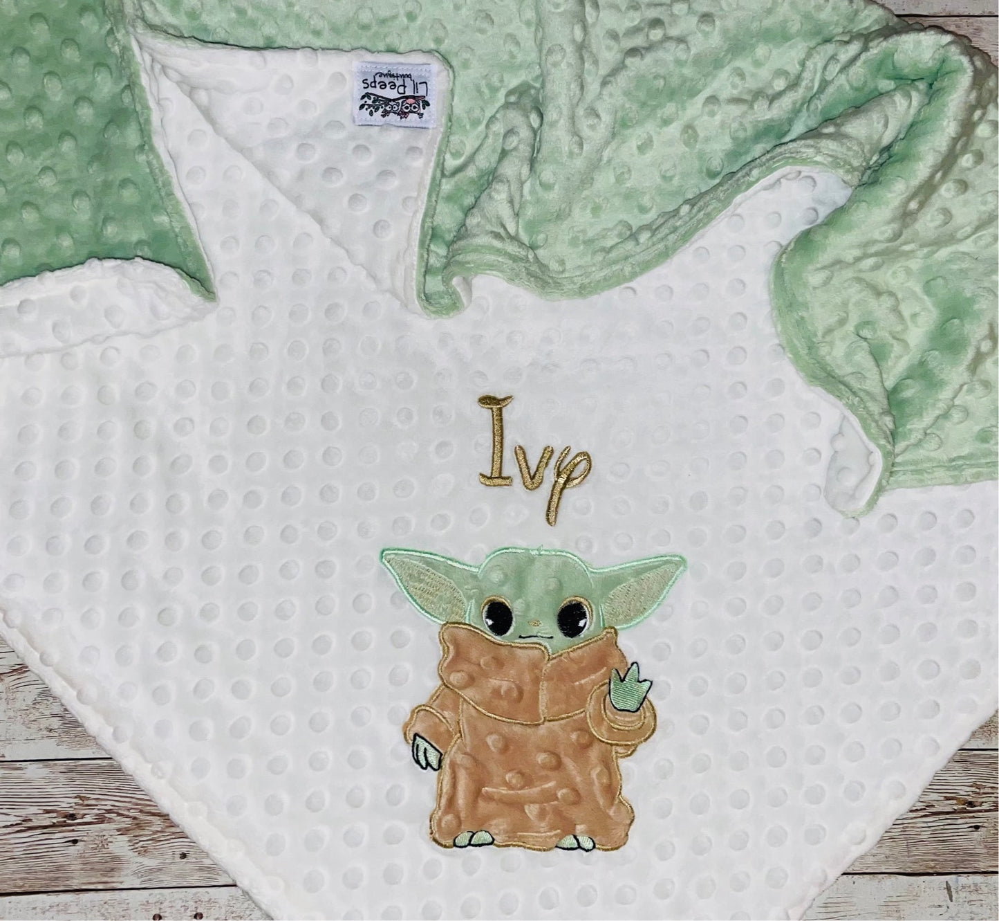 Baby Yoda- Personalized Minky Blanket - Cream and Green Minky