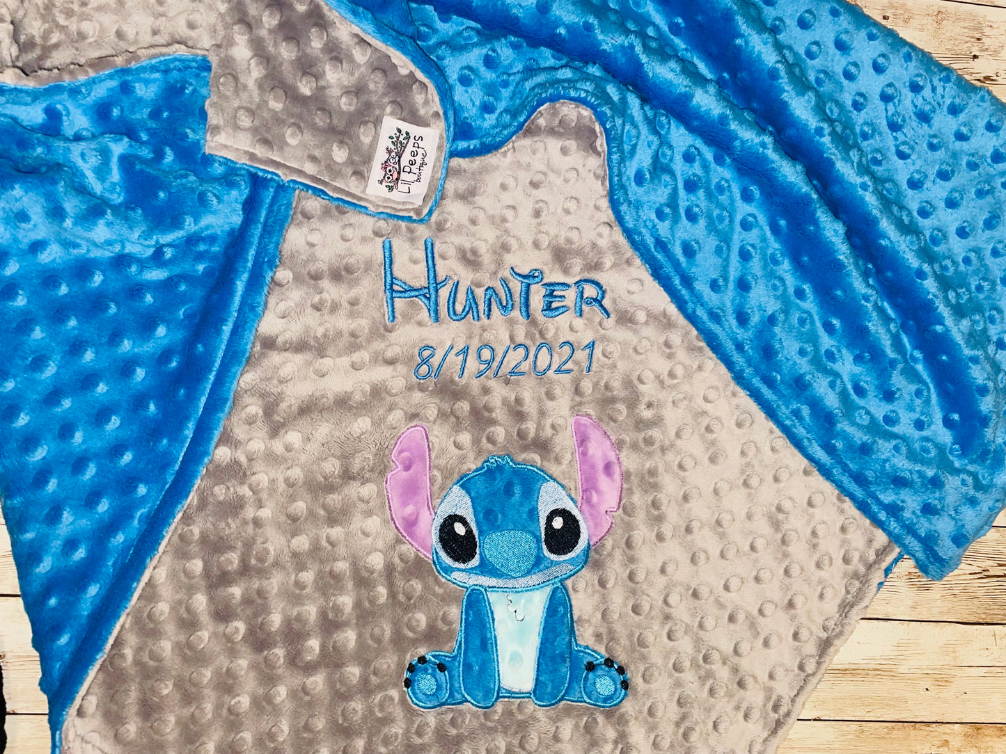 Personalized Stitch Minky Baby Blanket - Gray and Blue Minky - Custom Monogram