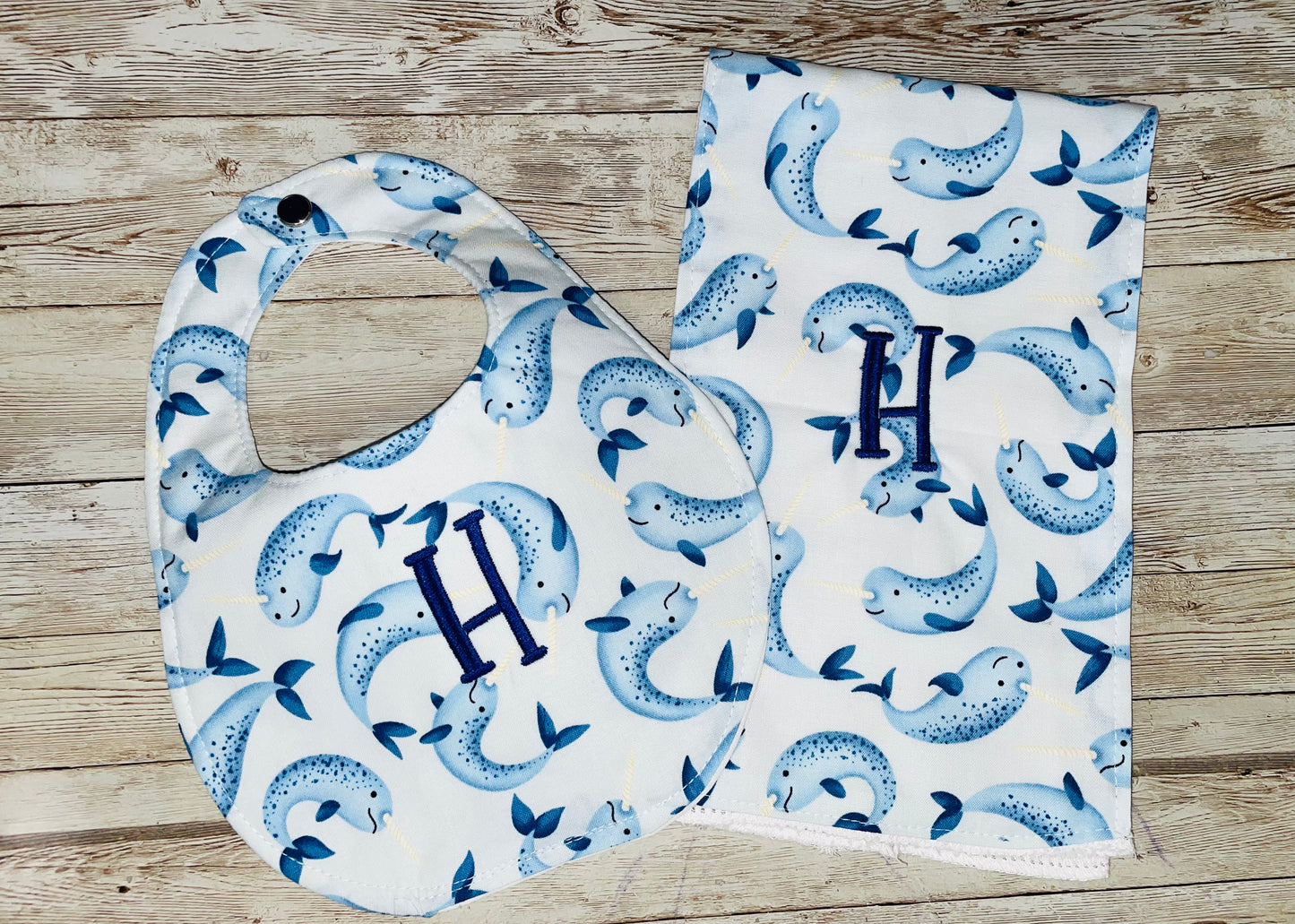 Personalized Boutique Bib and Burp Cloth Set - Narwhal