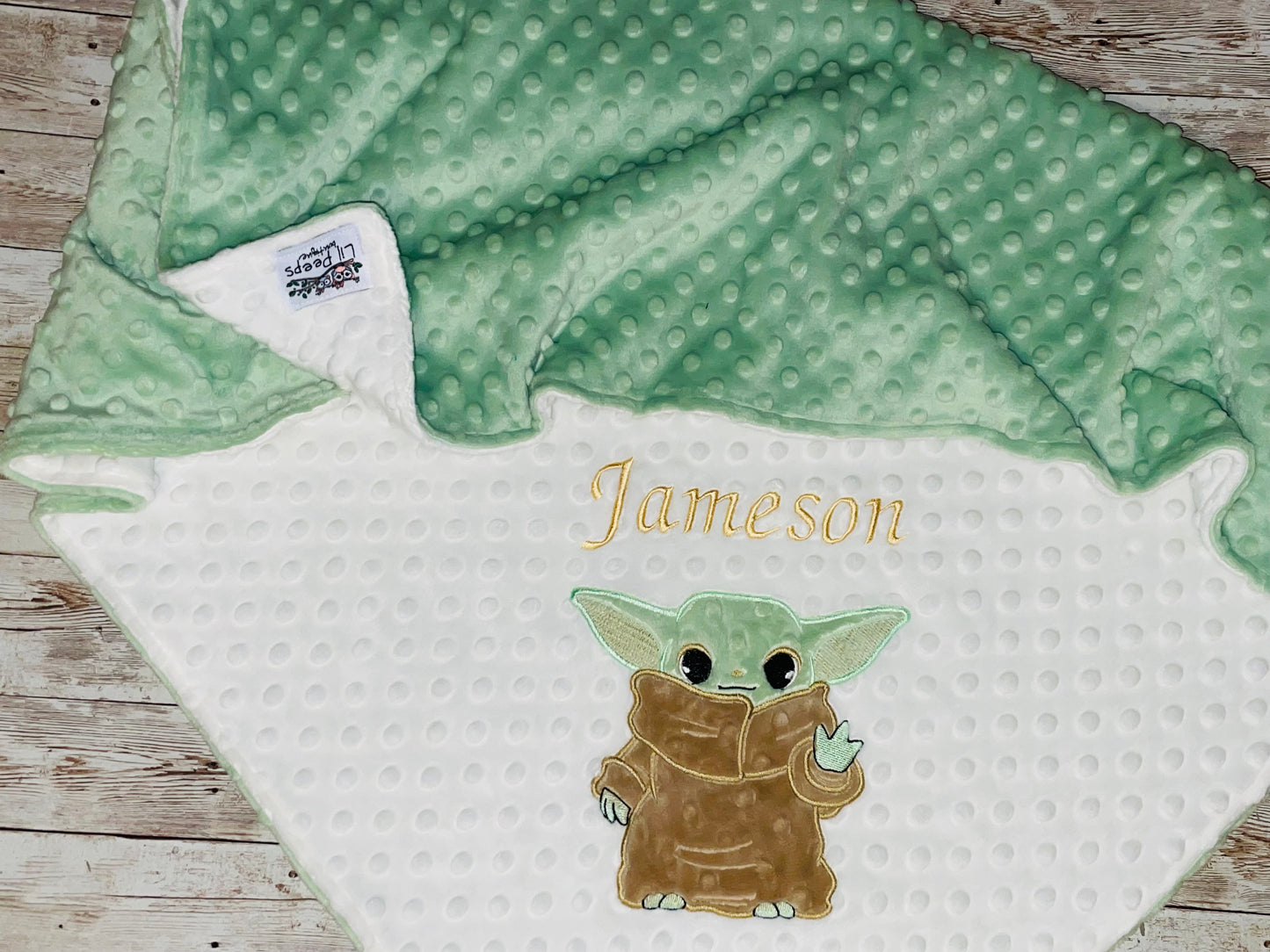 Baby Yoda- Personalized Minky Blanket - Cream and Green Minky