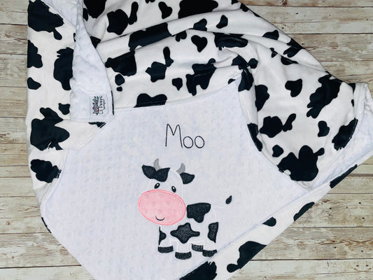 Cow- Personalized Minky Baby Blanket - White / Cow Minky - Embroidered Cow