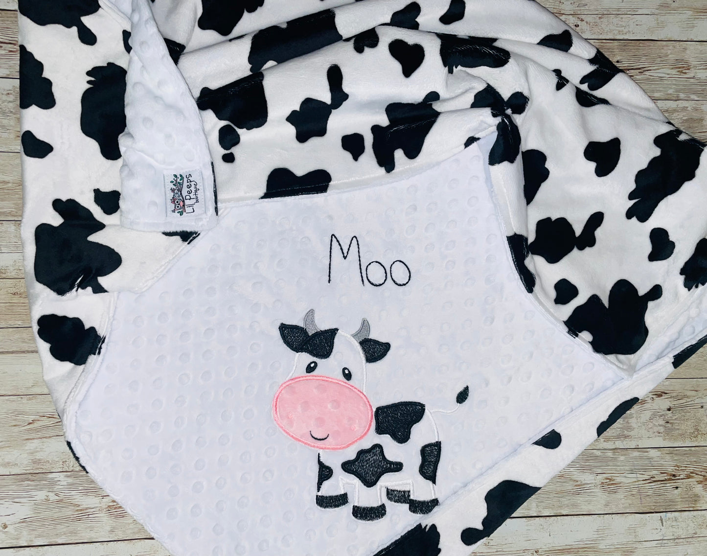 Cow- Personalized Minky Baby Blanket - White / Cow Minky - Embroidered Cow