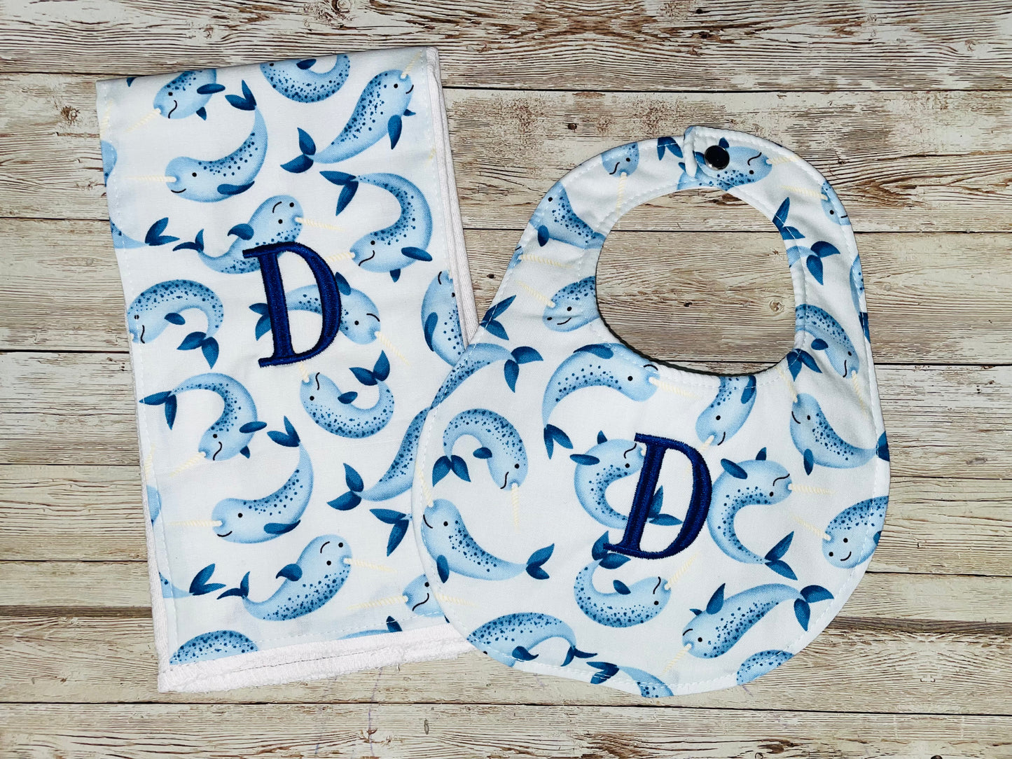 Personalized Boutique Bib and Burp Cloth Set - Narwhal