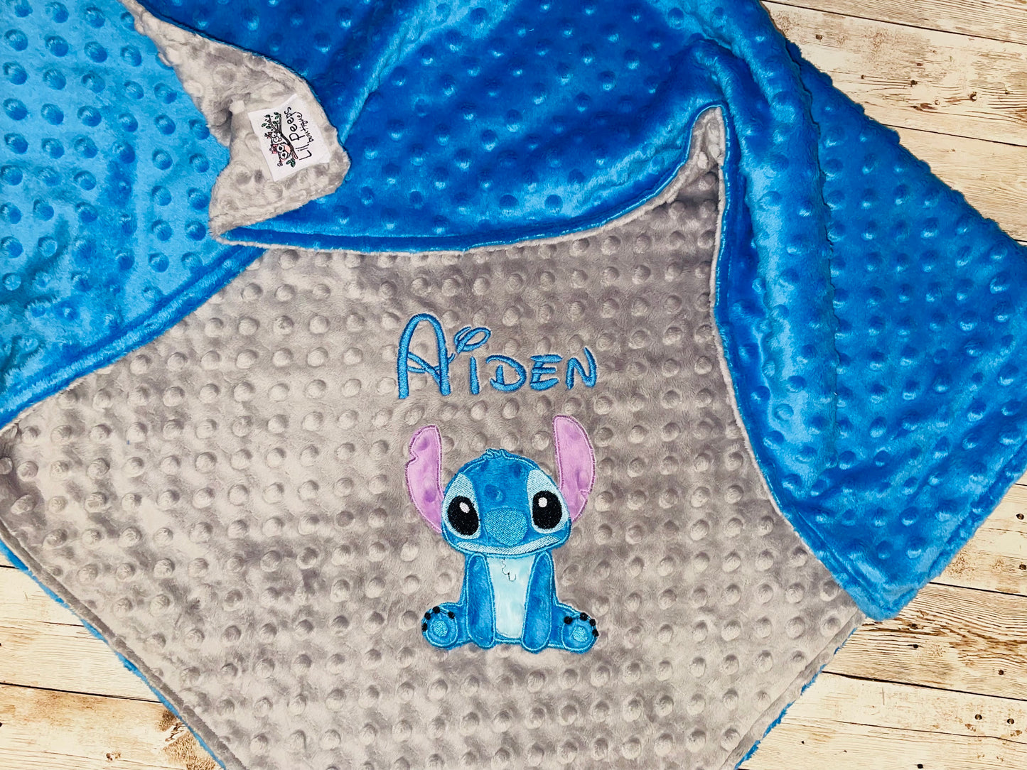 Personalized Stitch Minky Baby Blanket - Gray and Blue Minky - Custom Monogram