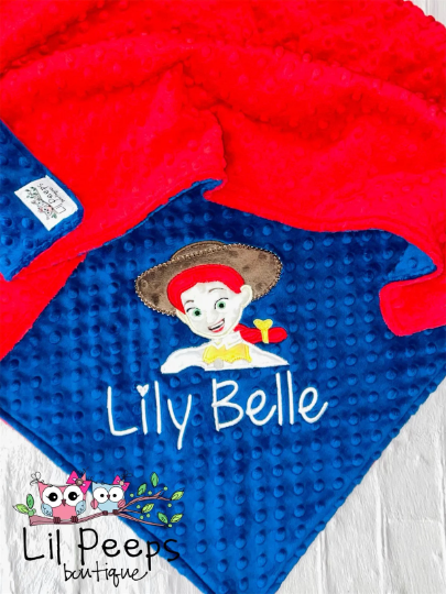Jesse - Cowgirl - Personalized Minky Baby Blanket -Blue and Red Minky - Toy Story