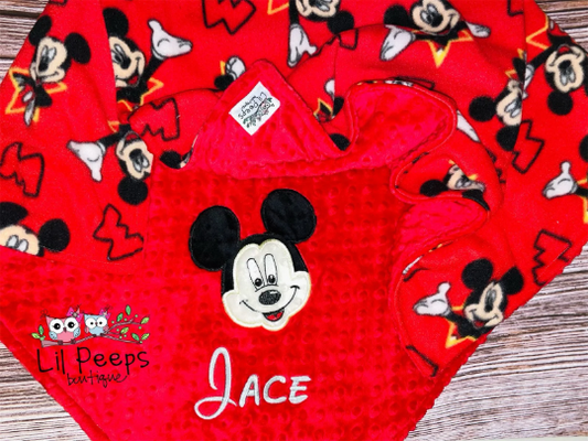 Mickey Mouse - Personalized Minky Baby Blanket - Red Minky and Character fleece - Custom Monogram