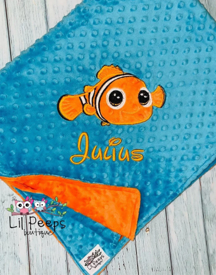 Finding Nemo- Personalized Minky Baby Blanket -Blue and Orange  Minky - Custom Monogram