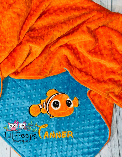 Finding Nemo- Personalized Minky Baby Blanket -Blue and Orange  Minky - Custom Monogram