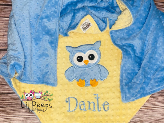 Owl- Personalized Minky Baby Blanket - Blue and Yellow Minky