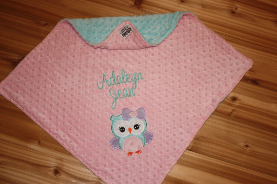 Owl- Personalized Minky Baby Blanket - Baby Girl Pink and Aqua Owl Blanket
