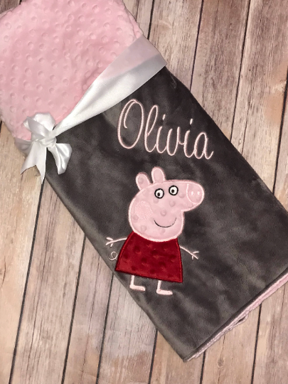 Peppa - Personalized Minky Baby Blanket - Gray and Pink  Minky - Custom Monogram -