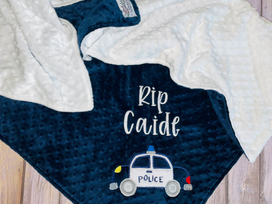 Police Car - Personalized Minky Baby Blanket - Navy Blue  / White Minky - Embroidered Police Car