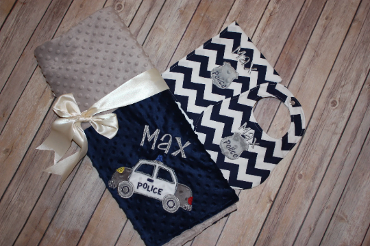 Police Gift Set- Personalized Baby Minky Blanket and Bib & Burp Cloth
