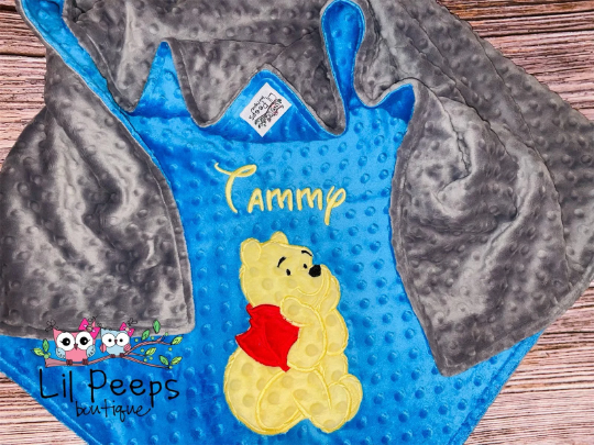 Personalized Winnie the Pooh Minky Baby Blanket - Blue and Gray Minky - Custom Monogram