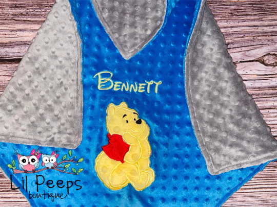 Personalized Winnie the Pooh Minky Baby Blanket - Blue and Gray Minky - Custom Monogram