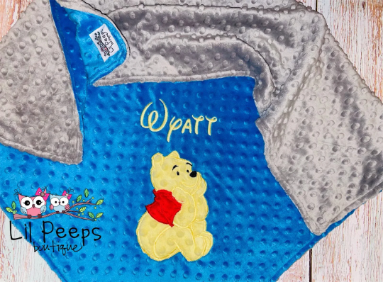 Personalized Winnie the Pooh Minky Baby Blanket - Blue and Gray Minky - Custom Monogram