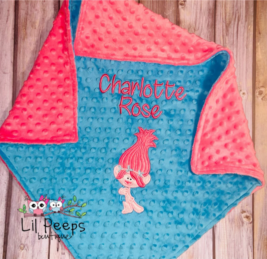 Trolls- Poppy- Personalized Minky Baby Blanket -Blue and Pink Minky