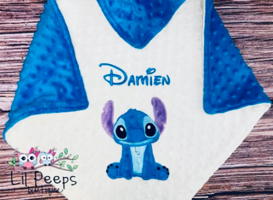 Personalized Stitch Minky Baby Blanket - Cream and Blue Minky - Custom Monogram
