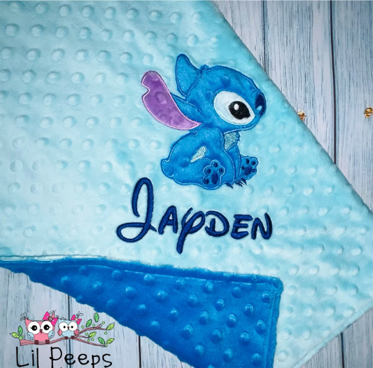 Personalized Stitch Minky Baby Blanket - Aqua and Blue Minky - Custom Monogram