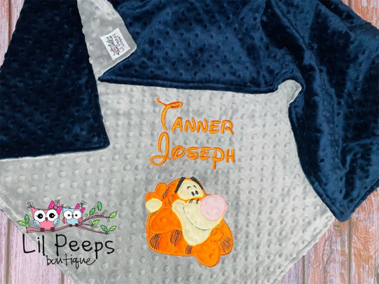Personalized Tigger Minky Baby Blanket - Navy and Gray Minky - Custom Monogram