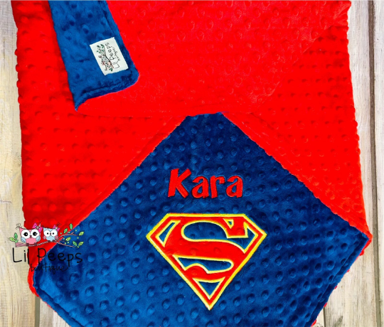 Personalized Supergirl Minky Blanket -  Blue and Red Minky