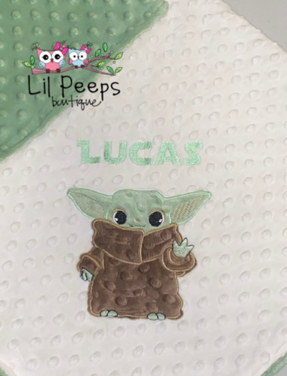 Baby Yoda- Personalized Minky Blanket - Cream and Green Minky