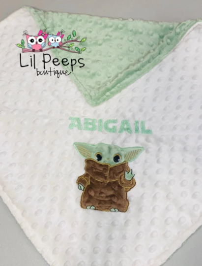 Baby Yoda- Personalized Minky Blanket - Cream and Green Minky