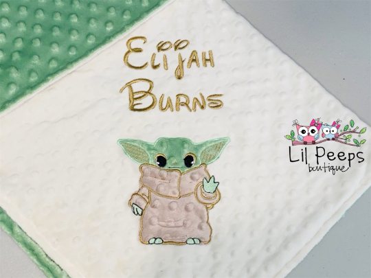 Baby Yoda- Personalized Minky Blanket - Cream and Green Minky
