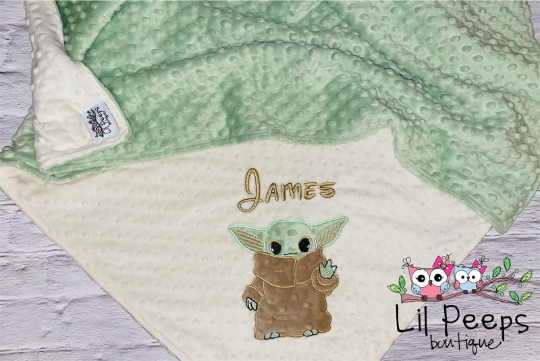 Baby Yoda- Personalized Minky Blanket - Cream and Green Minky