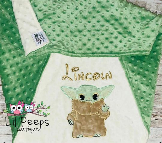 Baby Yoda- Personalized Minky Blanket - Cream and Green Minky