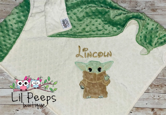 Baby Yoda- Personalized Minky Blanket - Cream and Green Minky